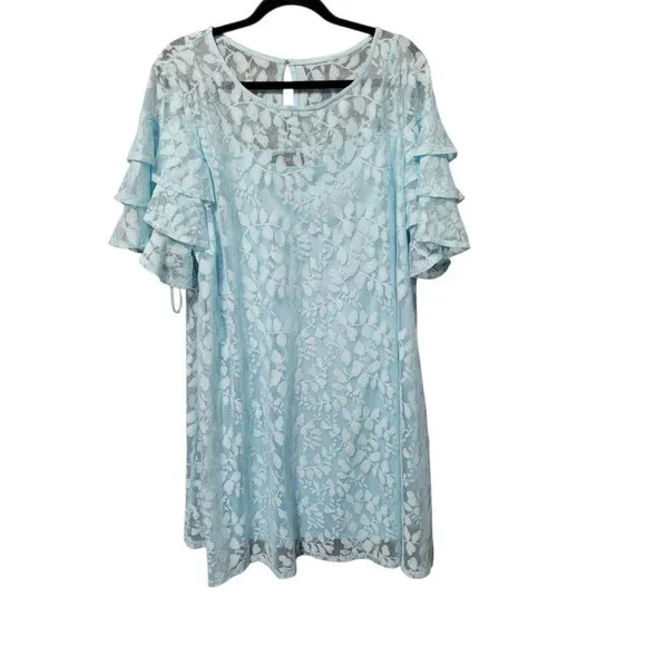 Lane Bryant Dress 18 Blue Lace Ruffle Sleeve Below Knee Pullover Sheath Floral - Picture 11 of 14